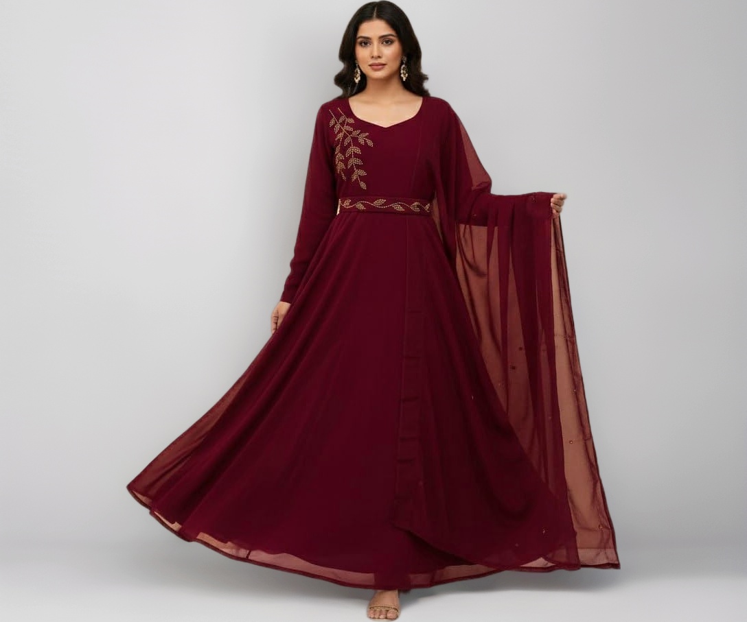 designer georgette dress Buy VRIONSDN Womens Full Sleeves Round Neck Gown Featuring Leaf Design On The Chest with Leaf Design Belt and Dupatta 3 Piece Ethnic Wear-Maroon-M at Color:Black/Blush Buy Ro&Zo Brown Petite SID-IS2501460 Frock Regular fitMachine wash Back