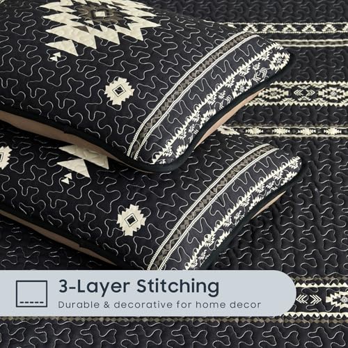 Wake In Cloud - Western Quilt Set, Southwestern Aztec Country Tribal Native American Rustic Ranch, Reversible Lightweight Bedspread Coverlet, 3 Pieces, Black Brown, Twin/Twin XL Size by Wake In Cloud - Used condition - Image 6