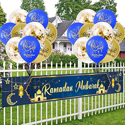 Ramadan Mubarak Dekorationen, 300 × 50cm langes blaues Gold Stoff Banner Cover