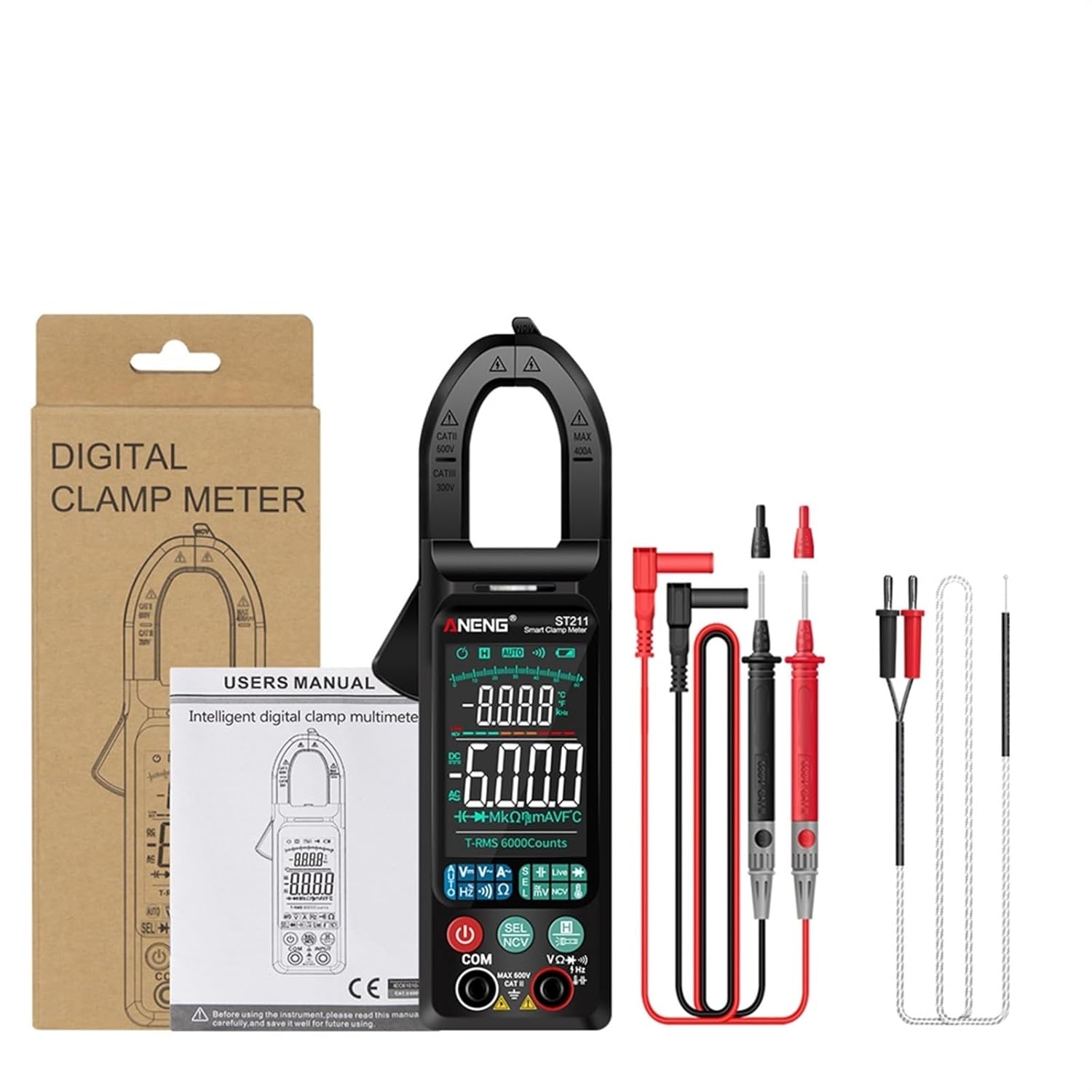 ST211 6000 Counts Digital Clamp Meter Multimeter AC Voltage Current Tester Car Amp Hz NCV Ohm Big Color Screen Test(Black)