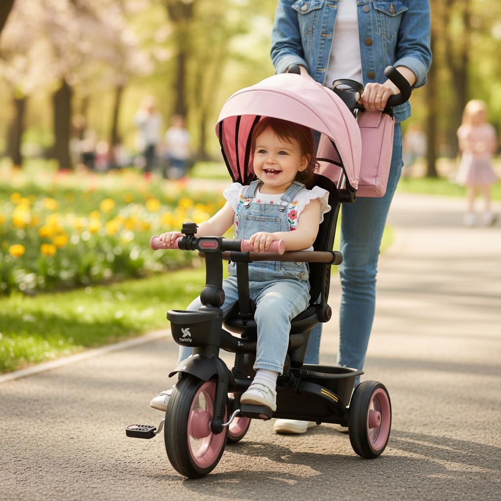 Twinly Triciclo evolutivo pieghevole di 1-5 anni con sedile inclinato e reversibile: segue la crescita del bambino, freno di sicurezza a 5 punti e cintura e barra di protezione SAMI (rosa)