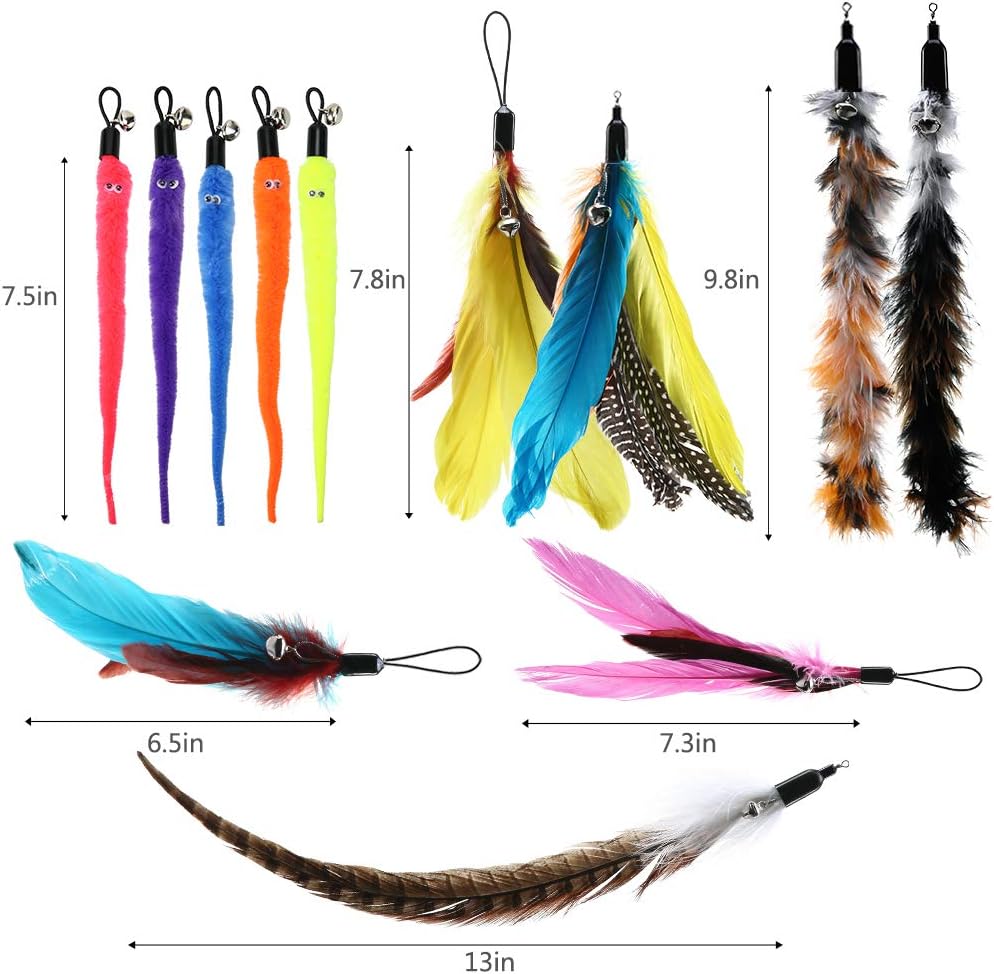 BINGPET Cat Feather Toys Replacement - 12 Pack Cat Interactive Toys for Indoor Cats, Multi Teaser Toys Refills with Bells for Cat Wands, Assorted Feathers and Soft Furry Tail
