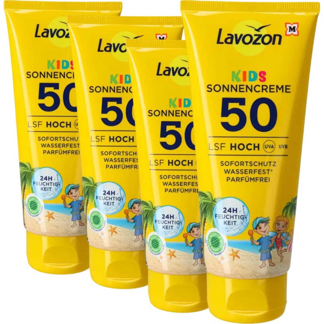 LAVVOZON Sonnencreme Kids, LSF 50, 100ml, wasserfest, 4 Er