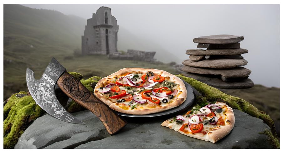 Novahaven"Handcrafted Viking Pizza Axe - Carbon Steel Blade with Dragon Engraving & Ash Wood Handle - Sharp, Durable, Unique Pizza Cutter with Artisan Design (Gold)