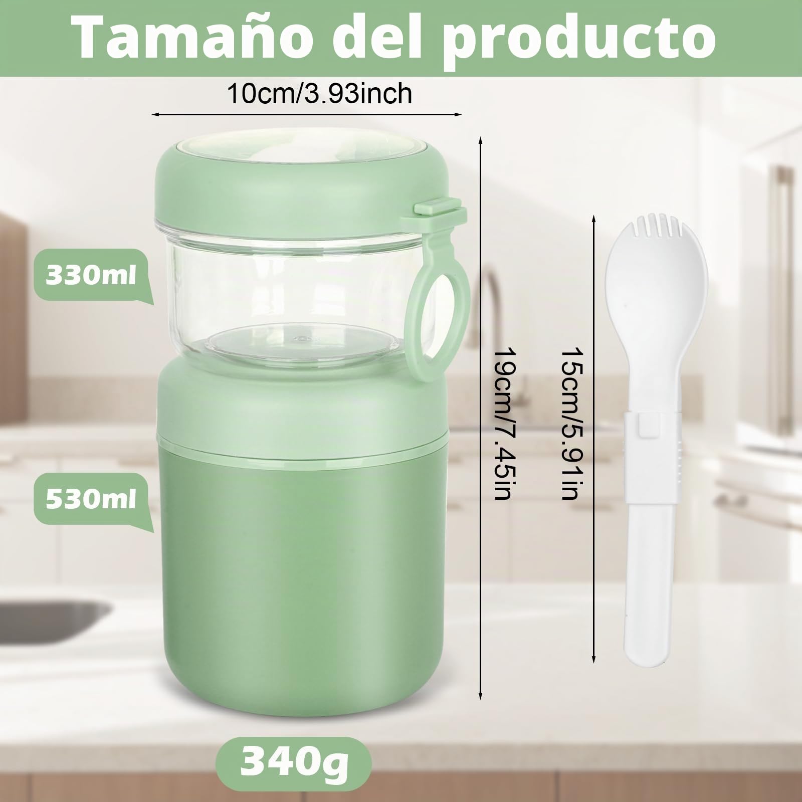 Tazón grande de acero inoxidable para cereales para llevar, taza de yogur 530 ml + 330 ml Tazón de almuerzo portátil a prueba de fugas para cereales, yogur, ensalada, arroz y avena (Verde)