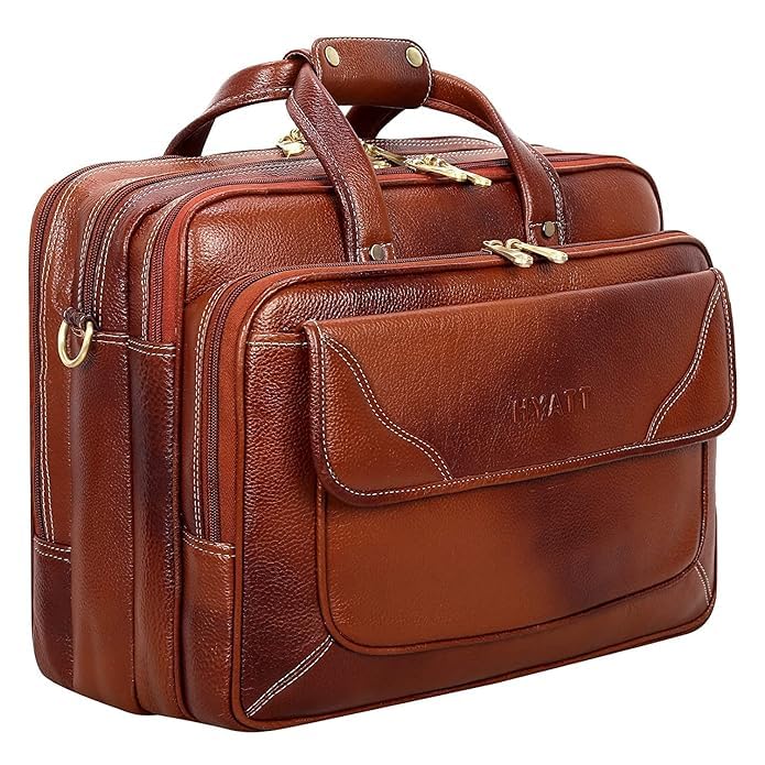 Image of Full-Grain Natural Genuine Pure Orginal Leather Office Briefcase Laptop Messenger Shoulder Bags For Mens Man Office Use 15.6 Inch cabin szie travelling Size-L-16'' X H-12'' X W- 6''