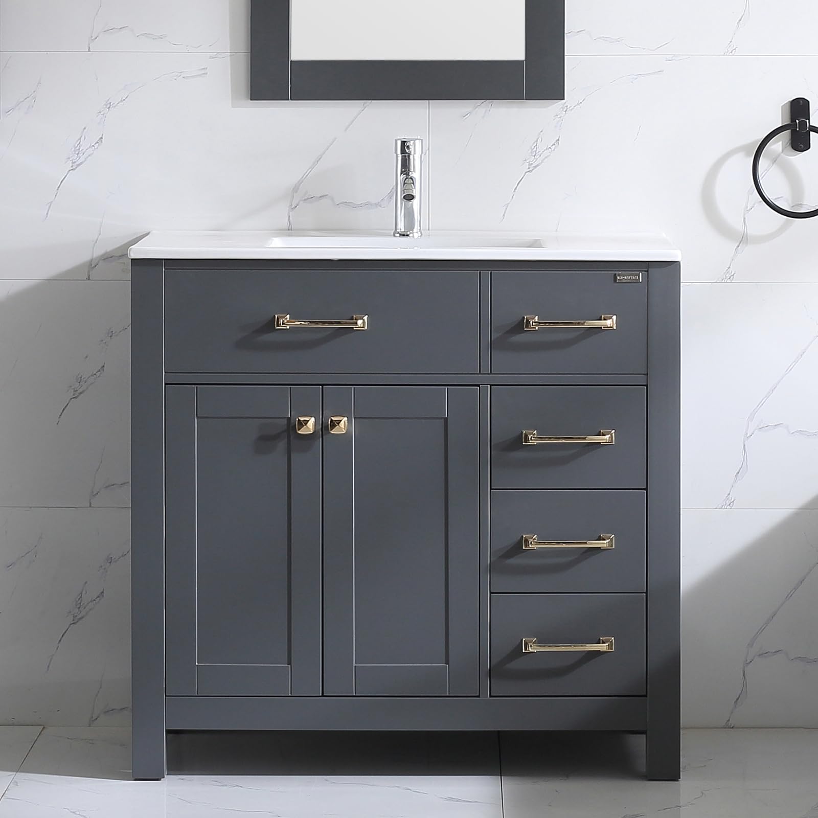 walsport 36 inch Bathroom Vanity with Ceramic Sink & Countertop & Mirror & Faucet Combo Set Single Sink Vanity with 5 Drawers and Double Doors Modern,