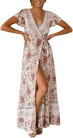 Women Boho Summer Side Split Deep V Neck Short Sleeves Maxi Dress with Belt