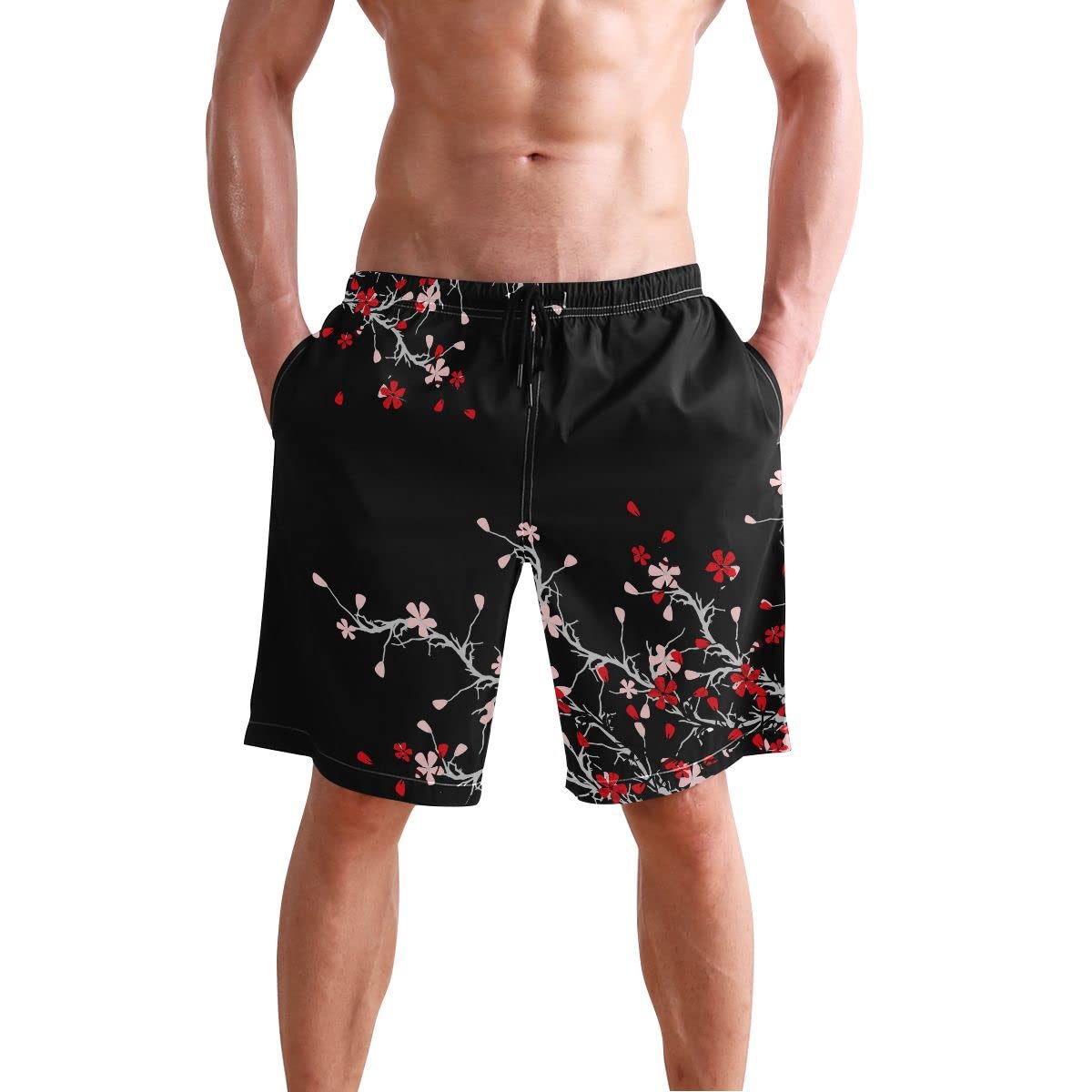 Glaphy Cherry Blossom Flowers Floral Black Men's Beach Shorts Swim Trunks Quick Dry Swim Shorts, S M L XL XXL