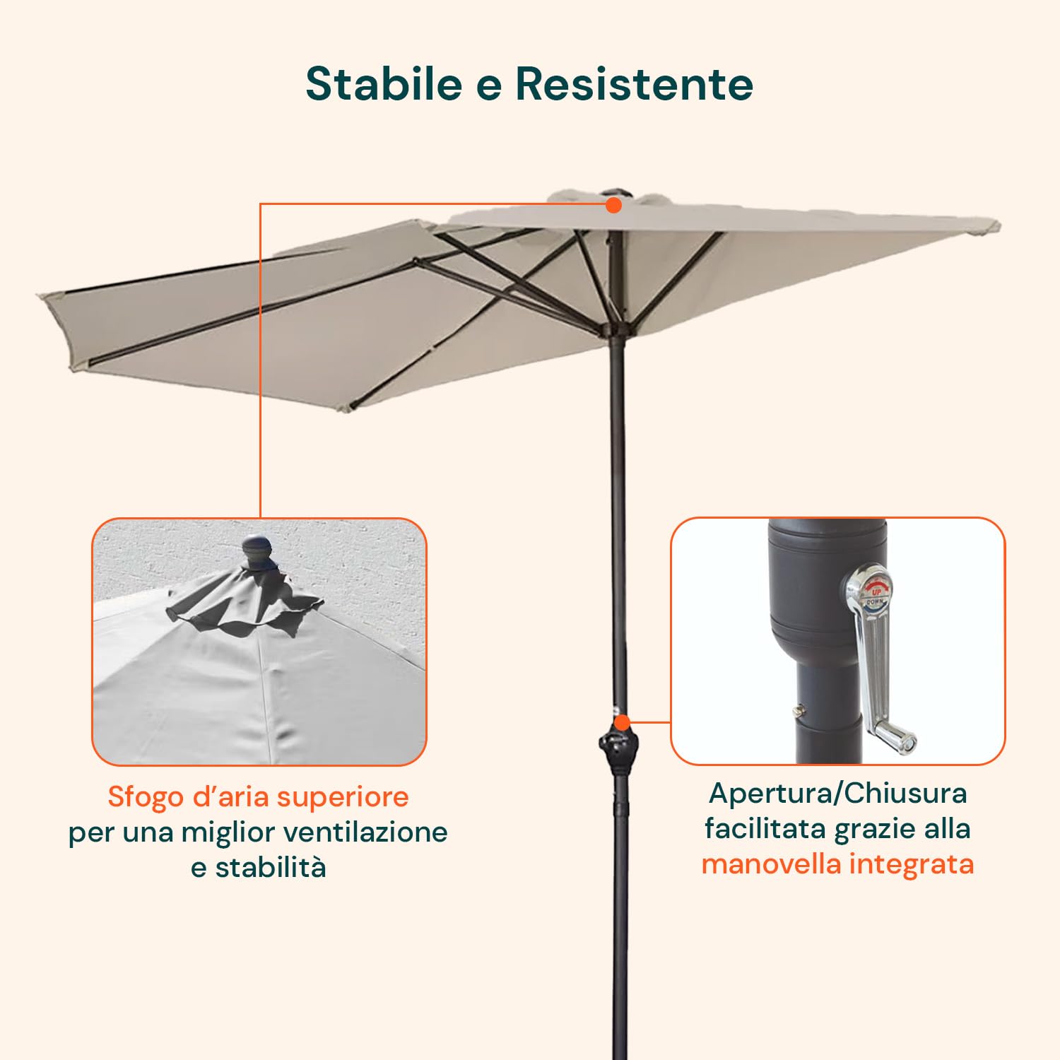 Avilia Ombrellone da Giardino a Mezzaluna 2,7x2,3m Tortora con Manovella e Soffietto Antivento – Ombrellone da Parete in Alluminio con Telo in Poliestere per Esterni