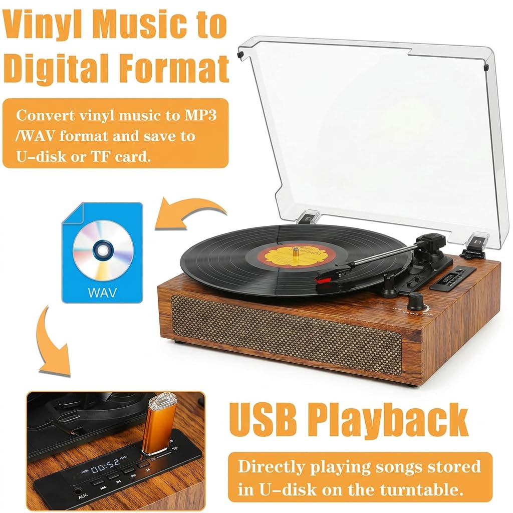 Reproductor de discos de vinilo con Bluetooth integrado, grabación USB, altavoces estéreo, tocadiscos vintage impulsado por correa, 3 velocidades y 3 tamaños, portátil, reproductor LP de entrada AUX 9