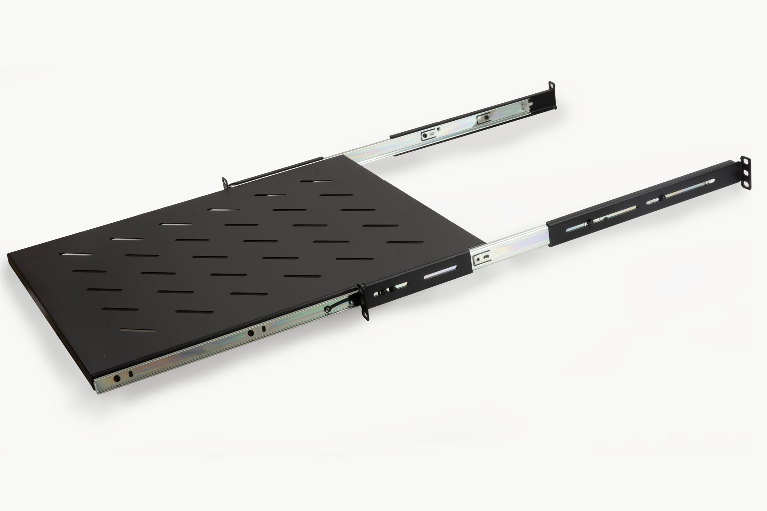 LINK LKRIP550EN - Mensola estraibile per armadio rack universale (1U, 550 mm, nero grigio RAL9005) – Acciaio traforato per ventilazione – Distanza montanti regolabile e viti incluse