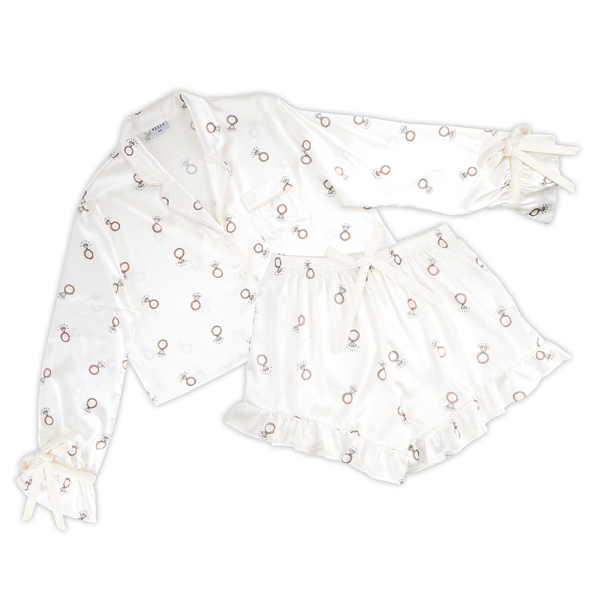 Bella Sleep + Spa Matching Pajama Sleep Set For Women Cropped Long Sleeve and Shorts 2-Piece Loungewear Polyester Satin White Rings Large