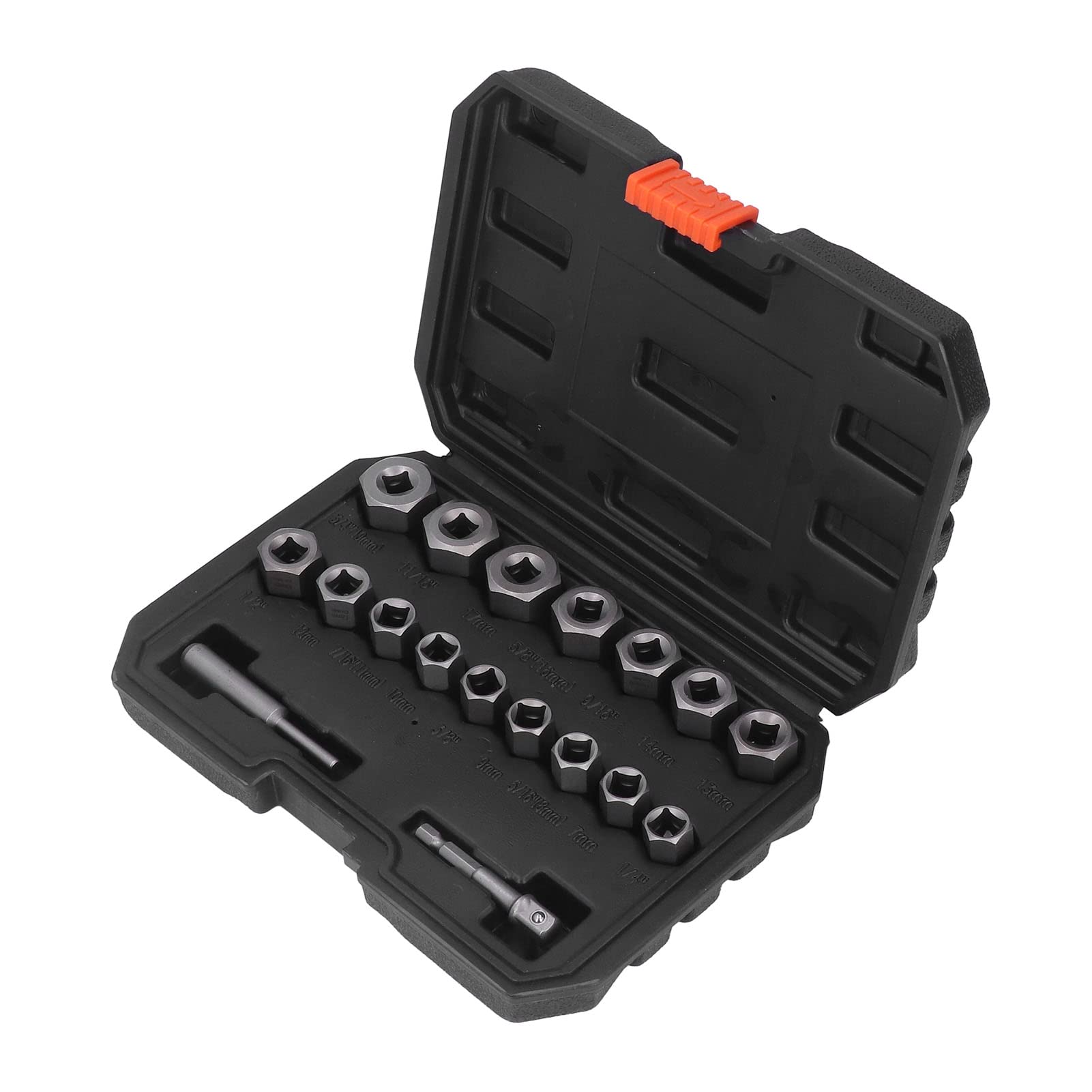 Set di estrattori per viti da 18 pezzi, kit di strumenti per la rimozione di bulloni e dadi danneggiati, include 16 estrattori di dimensioni diverse, perno e adattatore