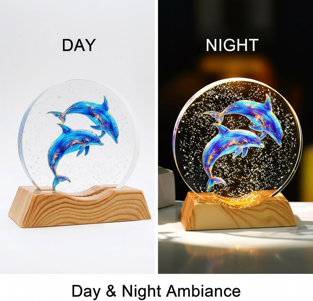 K9 Crystal Dolphin Night Light, 10cm Glass LED Lamp with Wood-Grain Style Base, Warm Light Table Desk Lamp, Elegant Home Decor Gift