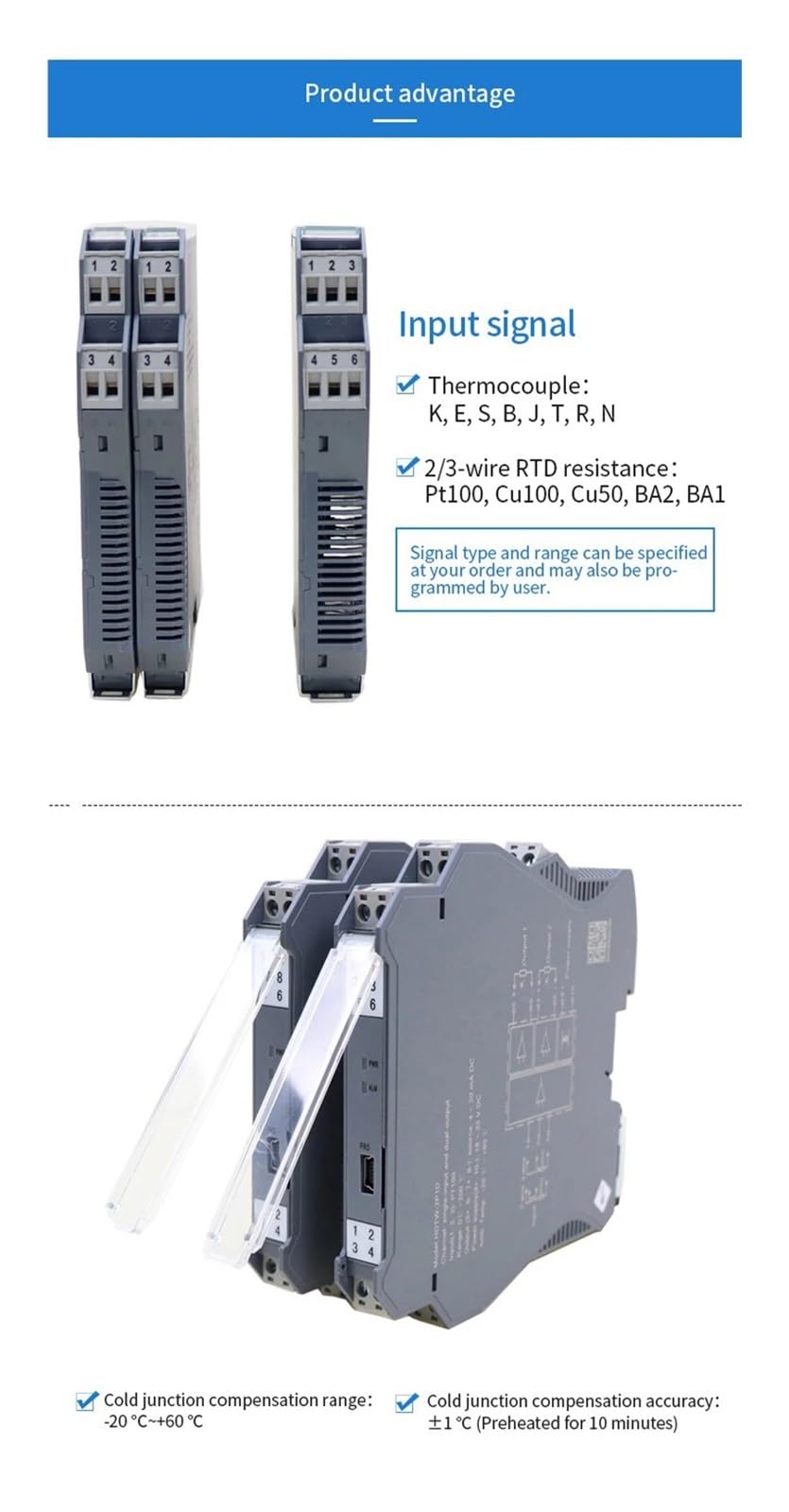 Isolierter Temperatursignalkonverter RTD zu TC Thermoelement-Temperaturisolator(1 in 1 Out,Out 4-20MA_PT1000-50-300C_18-30VDC Power)