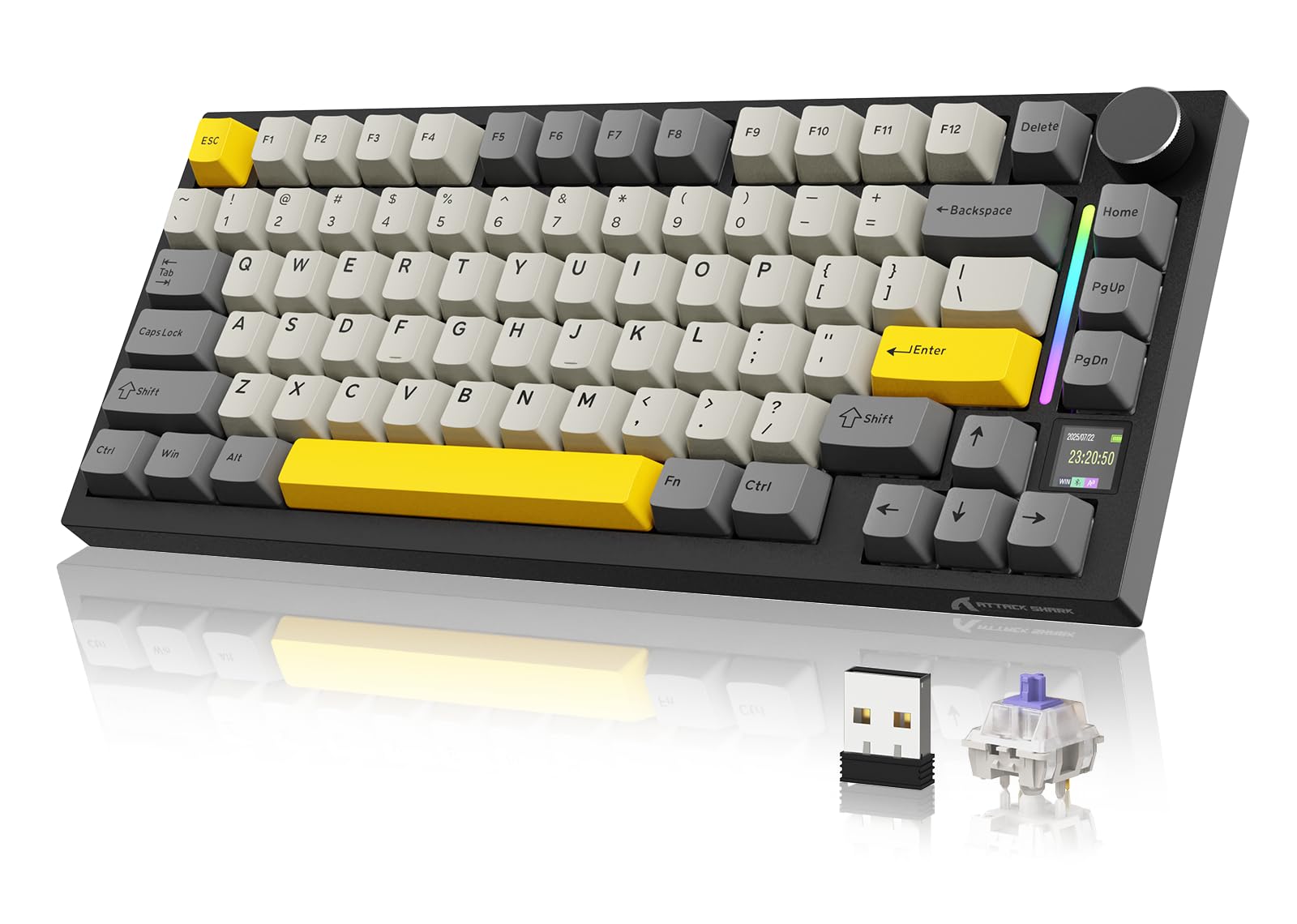 YINDIAO ATTACK SHARK X820 Ultra Gasket Mechanical Keyboard with TFT Screen & Knob, 75% ANSI Layout, 2.4Ghz/BT/Wired, 5 Sound Absorbing Foams, Hot-Swap Linear Switch, for PC,MAC (Black, Gift Switch)
