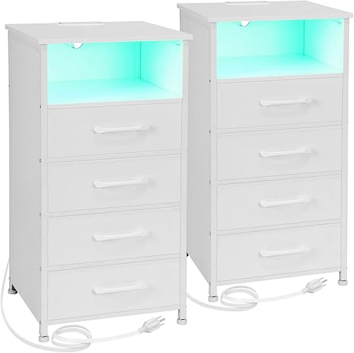 LOAKEKEL Juego de 2 mesitas de noche blancas con estación de carga, mesas auxiliares con 3 cajones de tela, mesita de noche con puerto USB tipo C y