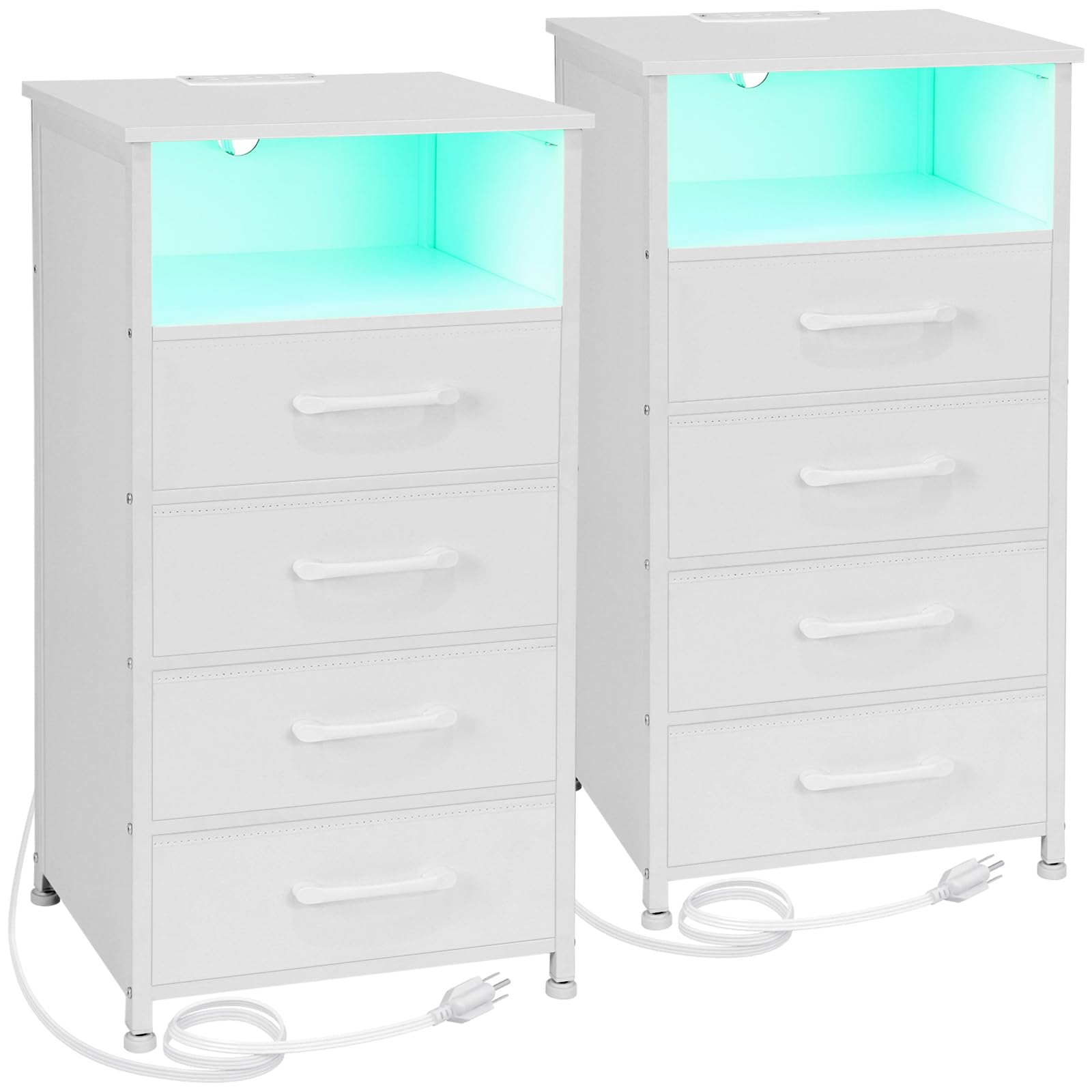 Night Stand Set 2, Tall Nightstand with Charging Station, Dresser for Bedroom with 4 Drawers, LED End Table with USB Ports and Outlets, Bedside Table with Storage Bins, White, HNS034WT