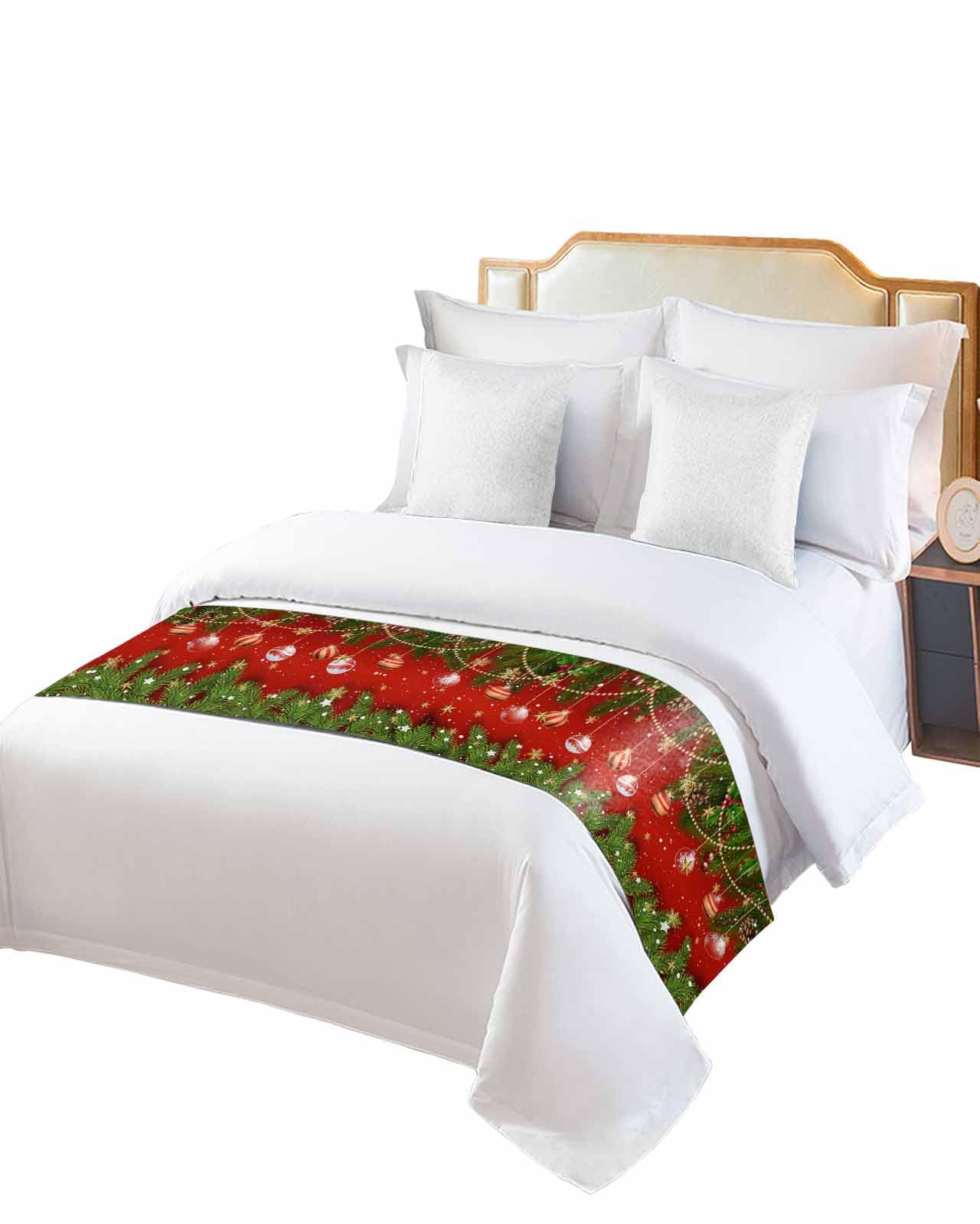 DecorLovee Christmas Balls Bed Runners for Cal King Size Bed, Decorative Bed Throws for Foot of Bed, Red Green Xmas Tree Snowflake Bed Runner Sofa Throw Bedding Scarf Protector Slipcover for Bedroom