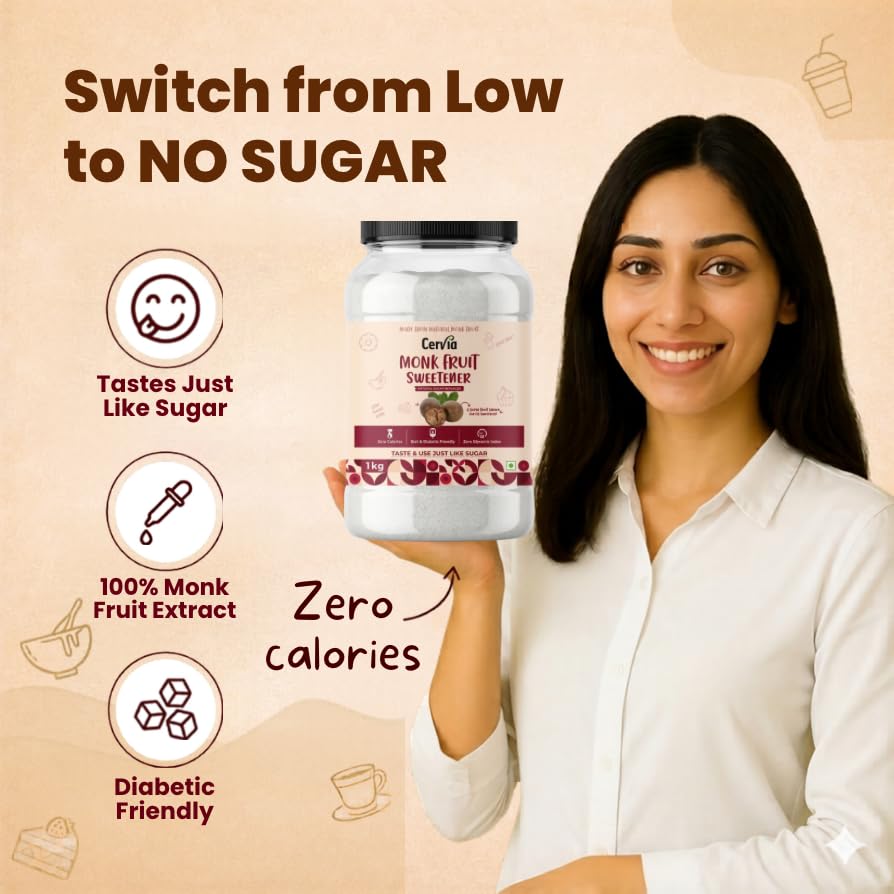 Image of Cervia Monk Fruit Natural Sweetener 1Kg | 100% Natural Sugar Replacement | Zero Calories | Zero Glycemic Index | No Blood Sugar Spike | Diabetic & Keto Friendly | No Bitter Aftertaste | For Tea, Coffee & Cooking