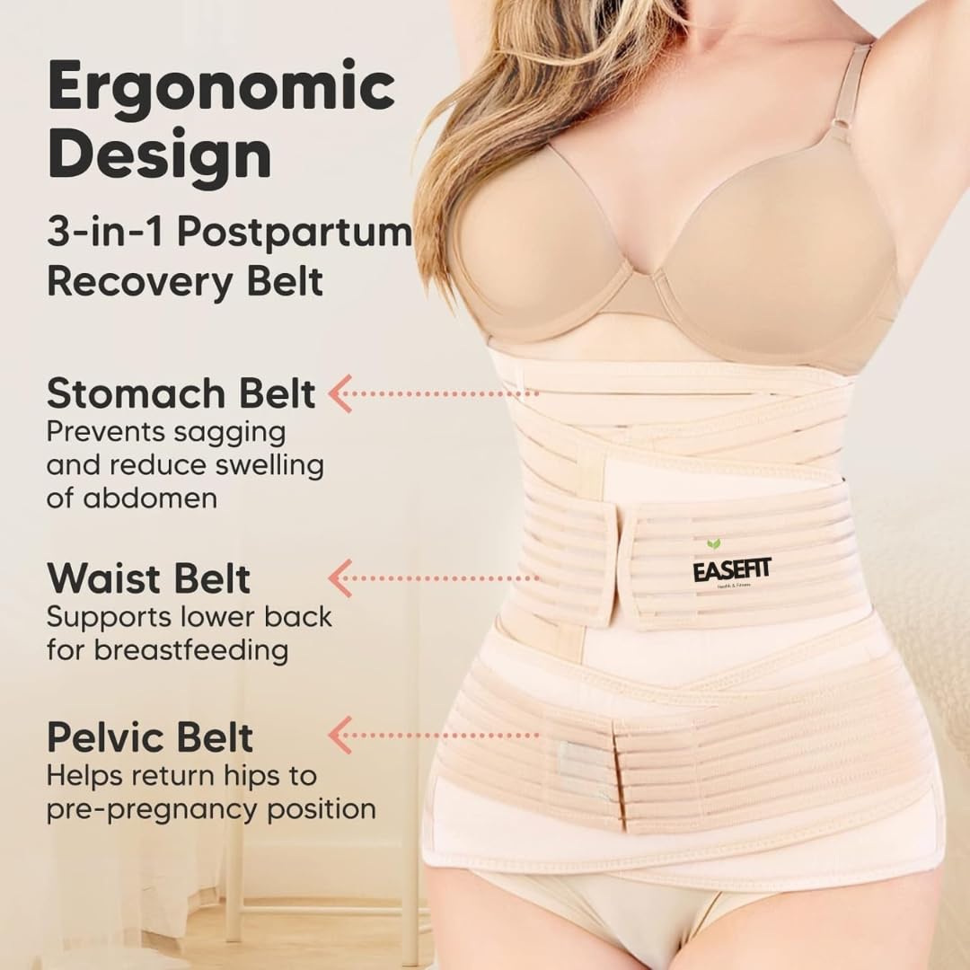 EASEFIT 3 in 1 Postpartum Belly Belt Abdominal Waist and Pelvis Support Slimming Shapewear for Tummy Control and Recovery Adjustable Fit 30 to 46 Inch Polyester and Spandex (Beige)
