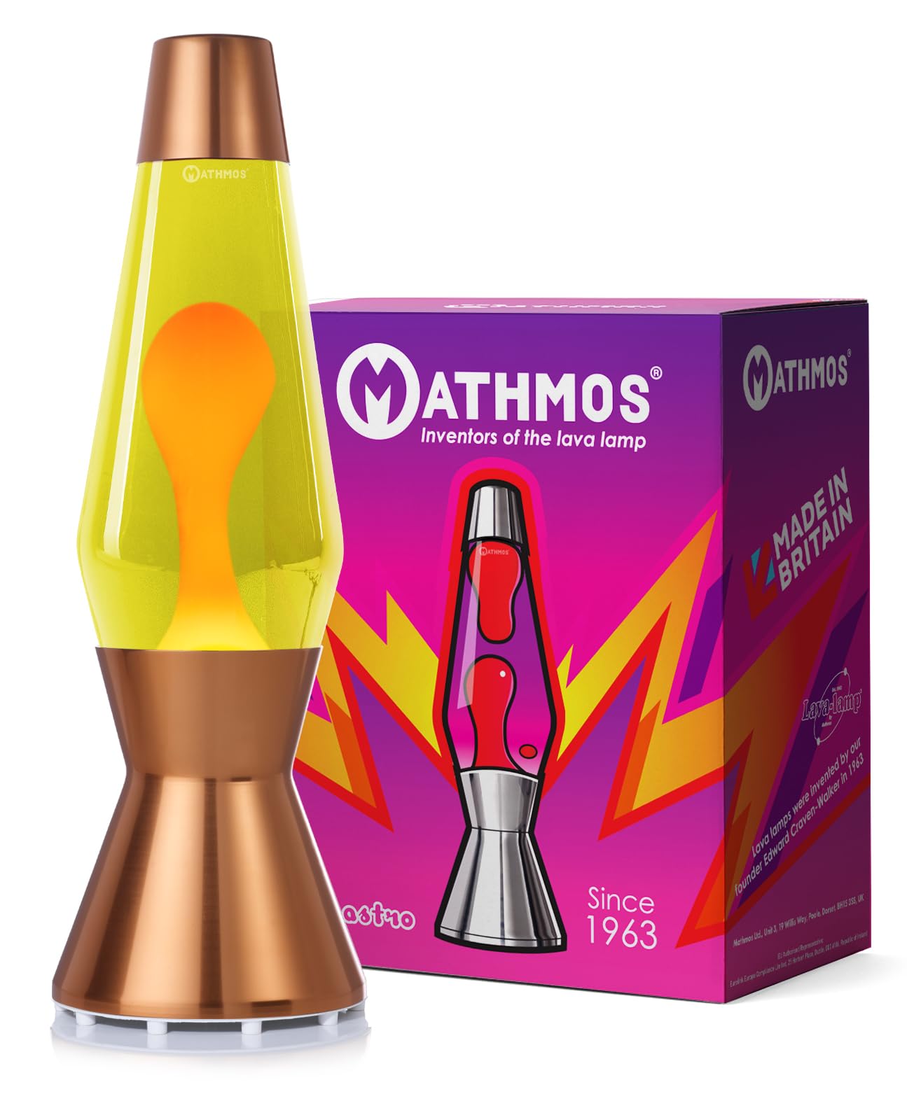 MATHMOS Astro Lava Lamp in Copper | UK Inventors of the 1963 Design Classic | Yellow & Orange Lava Lamps Handmade in Britain to the Highest Safety Standards