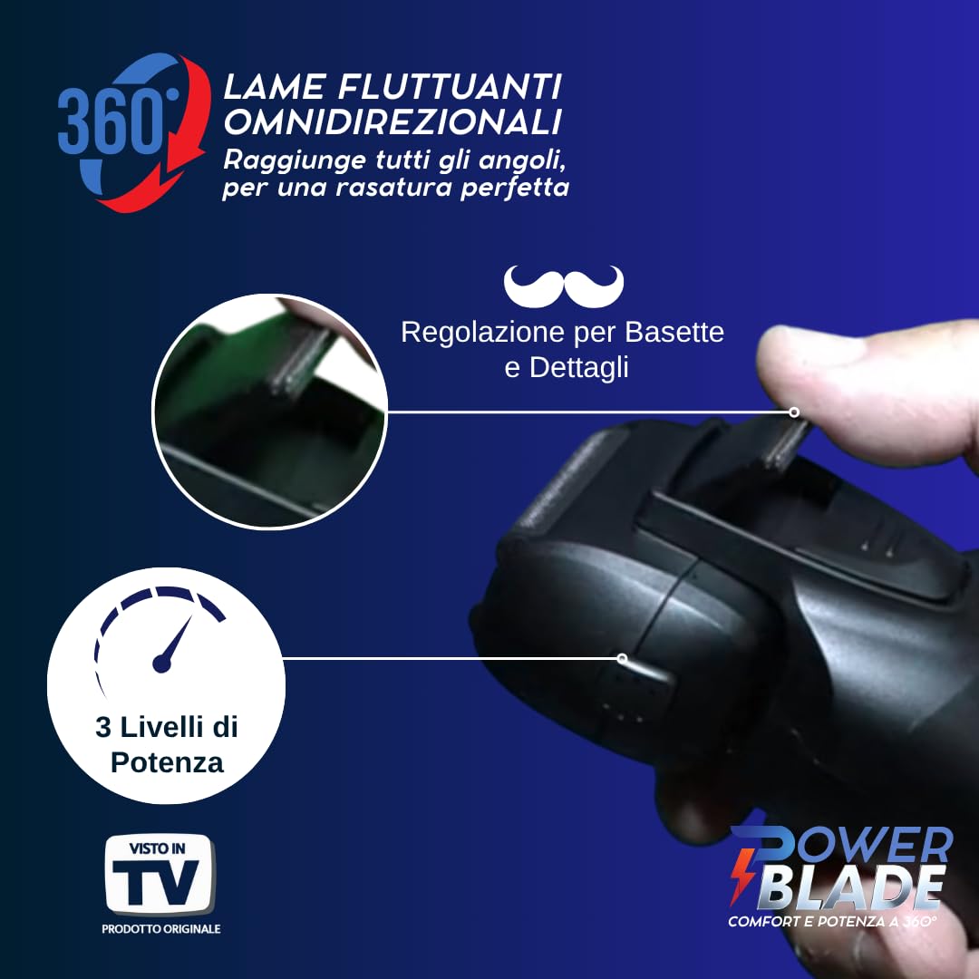 POWER BLADE | Rasoio Elettrico da Uomo Macchinetta per Barba Capelli e Corpo Rifinitore di Precisione con Testina Fluttuante Lame Affilate per Regolazione Basette e Display LED con Avviso Batteria
