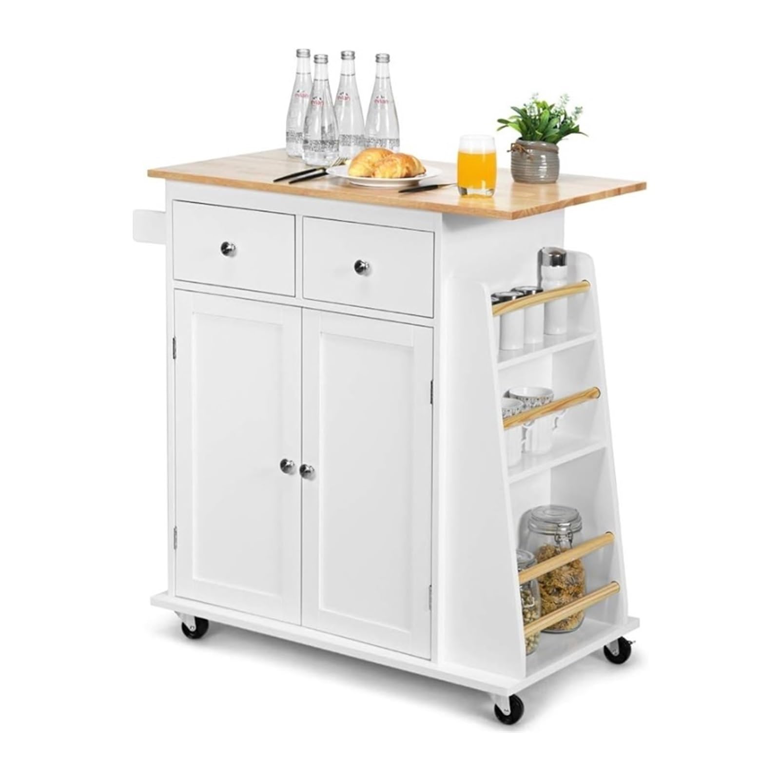 Chariot de Rangement Carro con Isla de Cocina, Carro rodante de Madera con gabinete de Almacenamiento, asa for Toallas, 2 cajones, especiero Lateral y Botella de Vino Chariot de Rangement