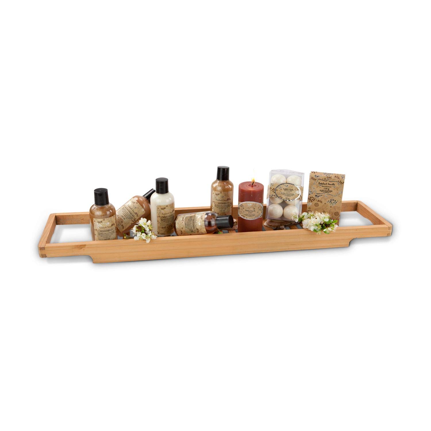 Geschenkset: Badeoase, 14-teilig: Duschgel, Bodylotion, Shampoo, Schaumbad, Körperpeeling, Kerze, 6 Badekugeln & Badesalz + Badewannenhalter, Patchouli Vanille; ca. 70 x 14,5 x 6 cm