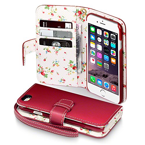 iPhone 6S Case, Terrapin [Floral Interior] Premium PU Leather Wallet Case with Card Slots, Cash Compartment and Detachable Wrist Strap for iPhone 6 / 6S (Red with Floral Interior)