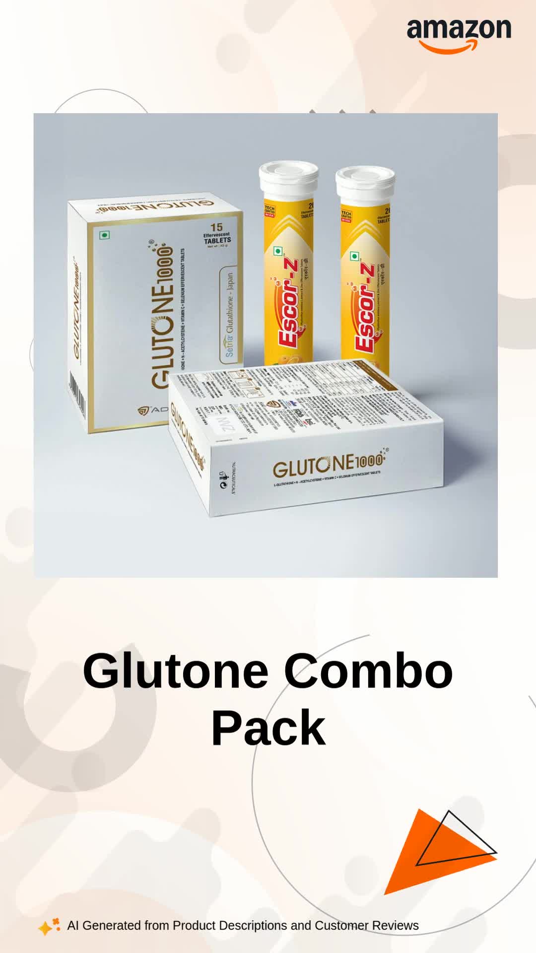 Glutone 1000 & Escor-Z Combo Pack| Setria L-Glutathione, Vitamin C Effervescent Tablets| Healthy Skin| Pack of 15 (2) + 20 (2) Tablets (Orange Flavour) Health & Personal Care