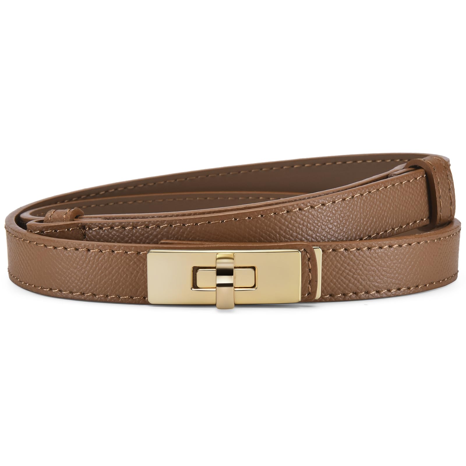 Koztwam Women's Caramel Adjustable Skinny Leather Belt Thin Waist Belt Solid Alloy Turn Lock Waistband Decorative Belt For Pants Jeans Dresses (Caramel)