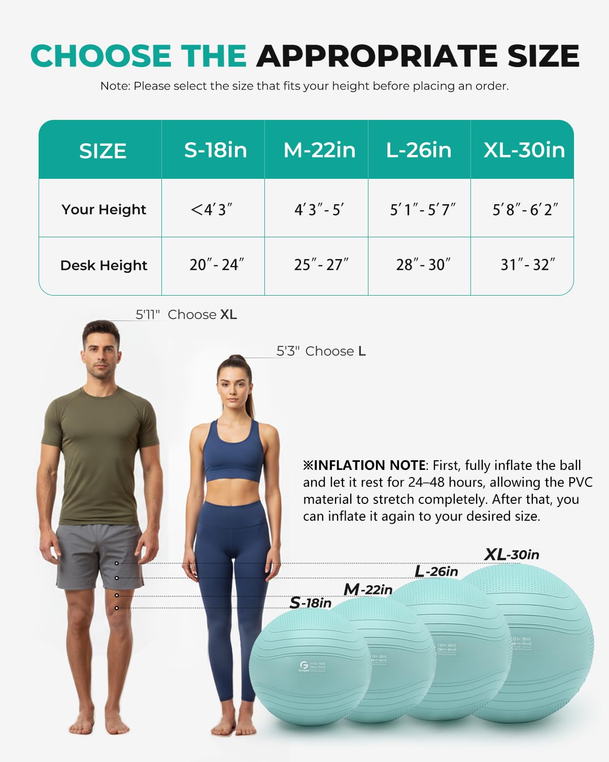 Gruper Palla da yoga, extra spessa, per allenamento, gravidanza, stabilità, 4 misure, anti-scoppio, per yoga, pilates, fitness, parto, fisioterapia, con pompa inclusa