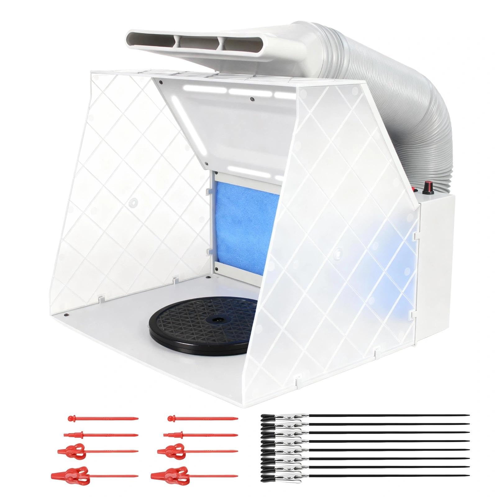 ABEST Airbrush Absauganlage mit 4 LED-Leuchten, 3-Schicht-Filter, 7,5" Drehteller, 16-teiliges Zubehörset