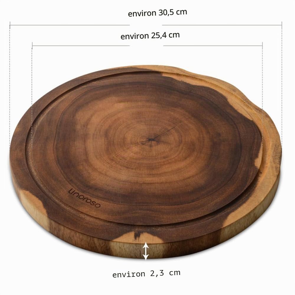 Linoroso Planche a decouper ronde en bois d'acacia disponible comme Plateau de charcuterie Planches à fromage Planche de petit déjeuner avec Canal à jus Antidérapant Anti-coupure - 30,4cm de diamètre