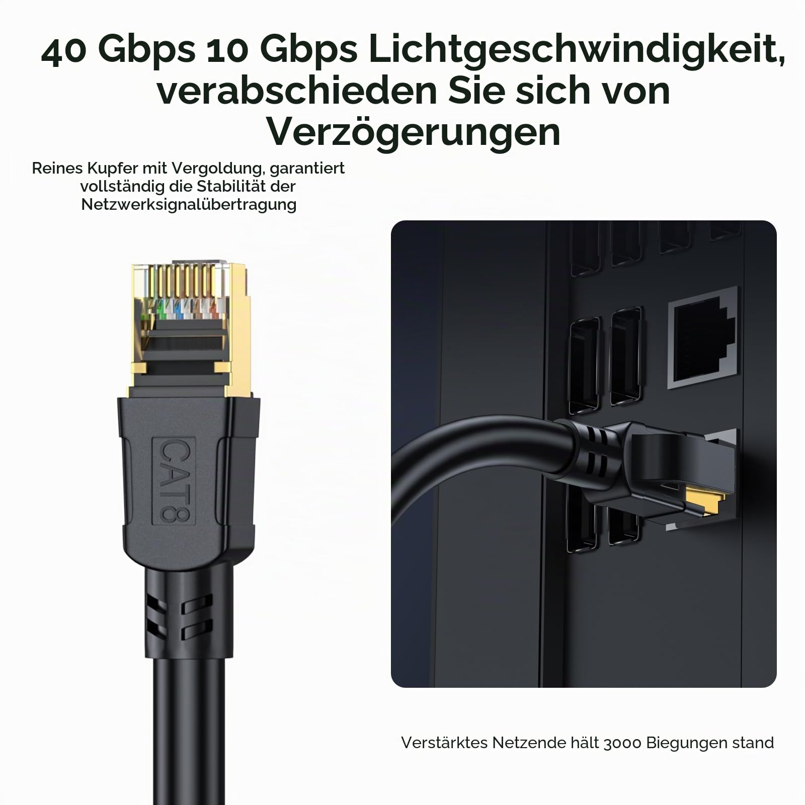 Cat8 Ethernet Kabel/lan kabel 50meter, Hochgeschwindigkeits 20Gbit/s-2000MHz Netzwerkkabel, geflochtener Gigabit-vergoldeter RJ45-Stecker