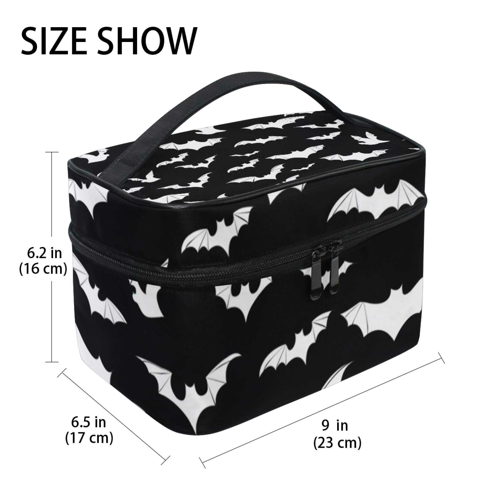9CH Goth Makeup Organizer Bag, Halloween Makeup Bags Large Cosmetic Bag with Adjustable Dividers Portable Bat Cosmetic Case for Make up Brushes Toiletry Jewelry(Black Bats)