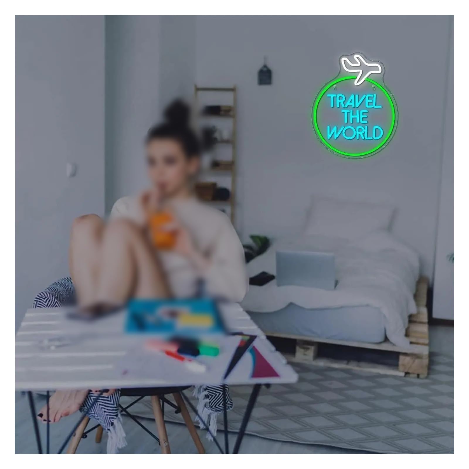 Scritta luminosa Travel The World Neon, Neon Dimmerabile Alimentato Tramite USB, Studio Per Amanti Dei Viaggi, Bar, Arte Murale Per Feste 39.5x32cm