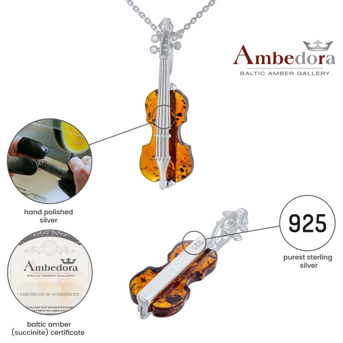 Collana in argento a forma di violino con ambra, ciondolo in argento Sterling 925 su una catena, gioiello musicista, regalo da donna