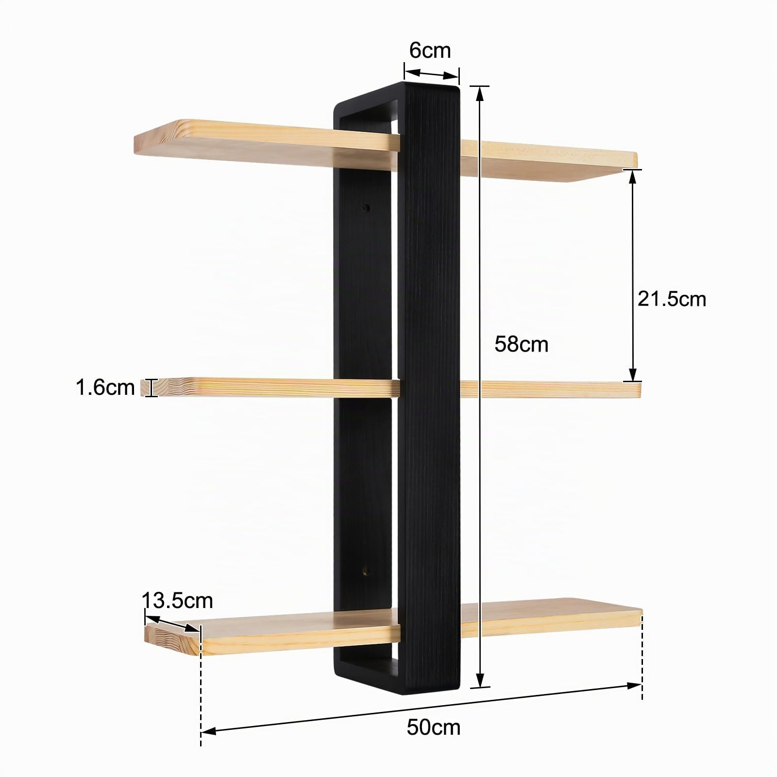 HUOLE Étagère Murale Industrielle en Acier pour Tuyaux en Bois Étagère Suspendue Bibliothèque Étagère de Rangement à 3 Niveaux pour Cuisine, Salon, Chambre à Coucher, 58 * 50 * 16cm-Noir (2pc)