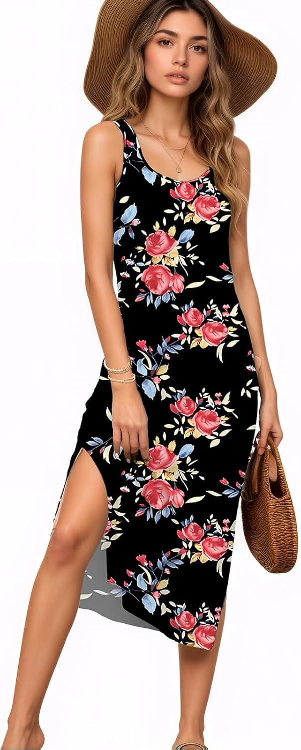 Women's Summer Midi Dress 2025 Sleeveless Floral Print Split Casual Bodycon Long Beach Sundress Travel Vacation Outfits X-Large Black Rose