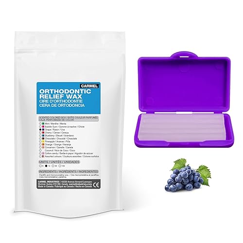 Carmel Paquete de cera de ortodoncia perfumada de uva, cera de alivio para aparatos dentales y aparatos dentales, caja de 12