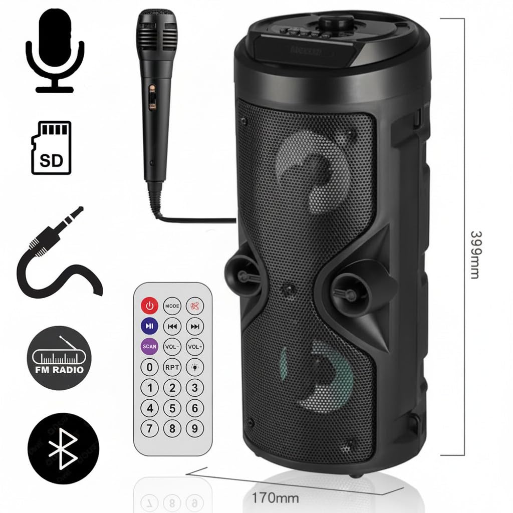 Altavoz Bluetooth – Altavoz Portátil con Modo Karaoke y Micrófono, Radio FM Y Lector USB y SD, Luces LED Discoteca, Altavoz Inalámbrico