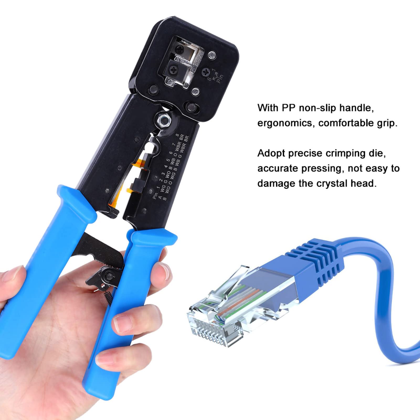 Crimpatrice per cavi di rete multifunzionale, spelafili e pinza a crimpare per connettori RJ45 e RJ11 a 4P, 6P, 8P con impugnatura ergonomica antiscivolo