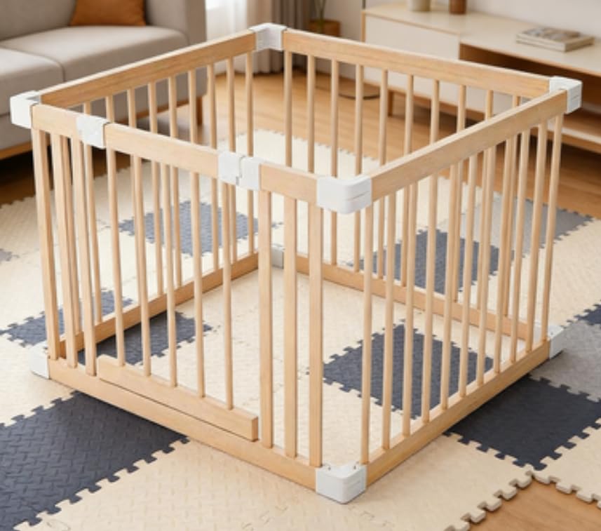 Baby Playpen, Wooden Playpen for Babies and Toddlers,Large Adjustable Wooden Baby Playard with Locking Gate, Easy to Assemble, Portable Play Pen (29.75x25.38Inch)