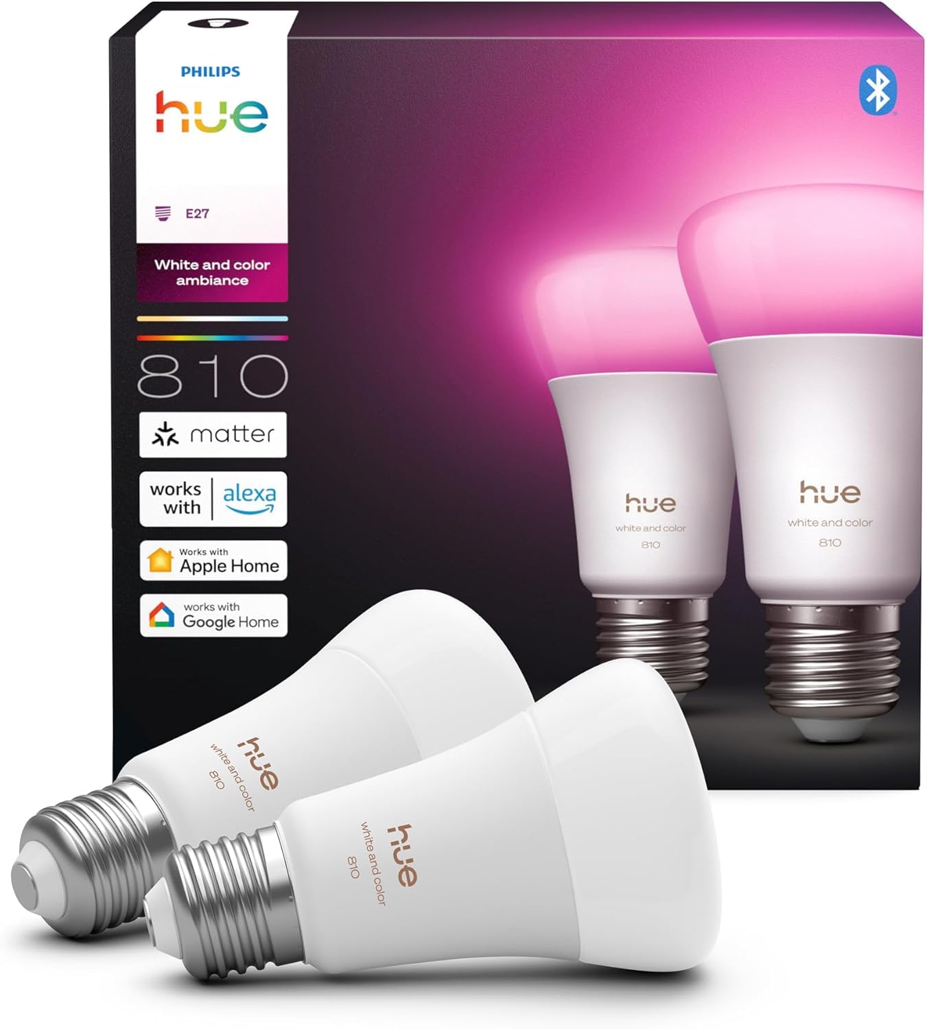 Philips Hue Ampoule connectée LED A60, White and color, Ampoule Philips Hue E27, 6 W, Spectre complet 1000-2000 K, 810 lm, Intensité variable, Compatible Alexa, Google et Apple Home, pack de 2