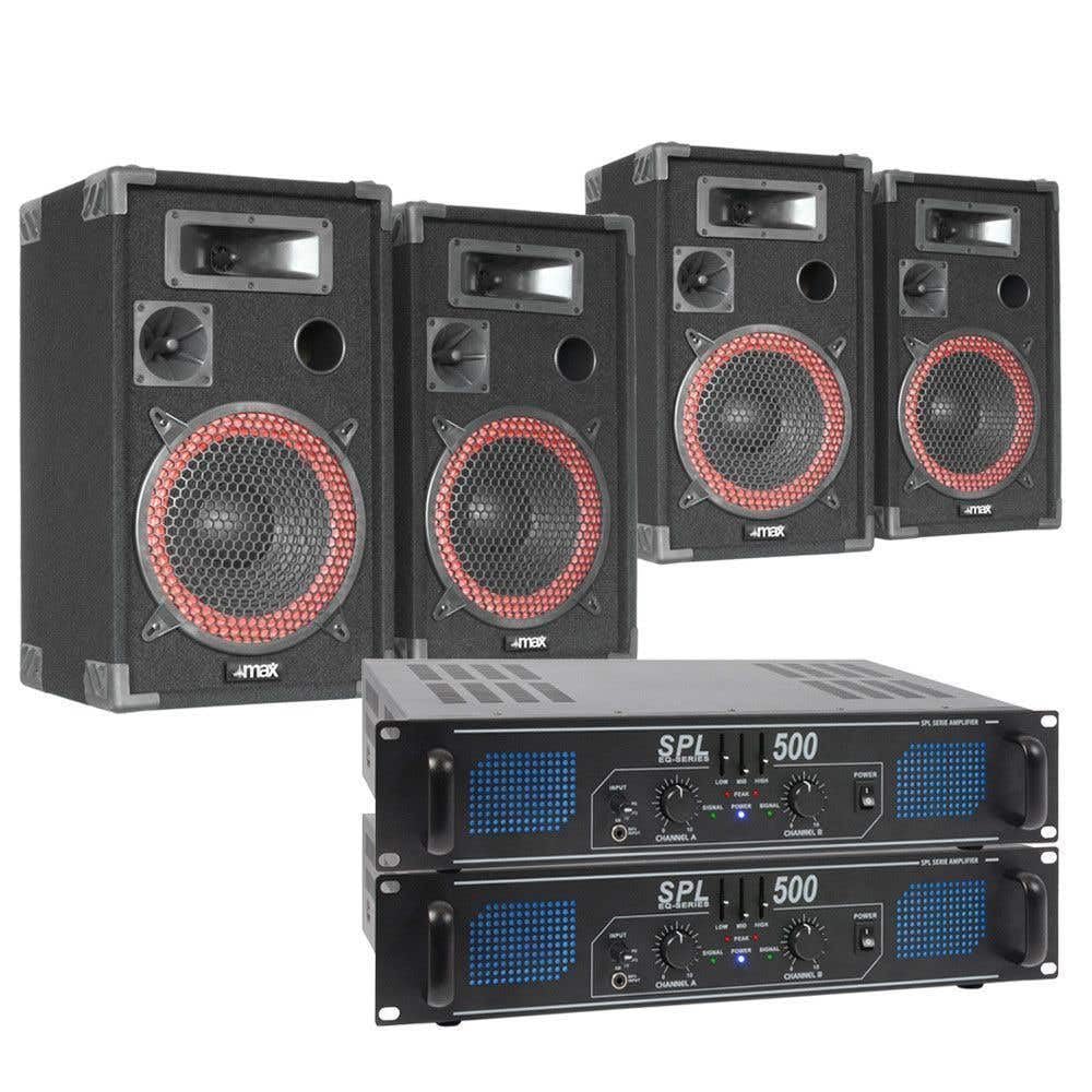 Sistema de Sonido Completo 1000W – 4 Altavoces, 2 Amplificadores 500W, Cables de 10m, Conexión Teléfono/Laptop/MP3, Sonido Profesional para Eventos, Fiestas y Locales Comerciales