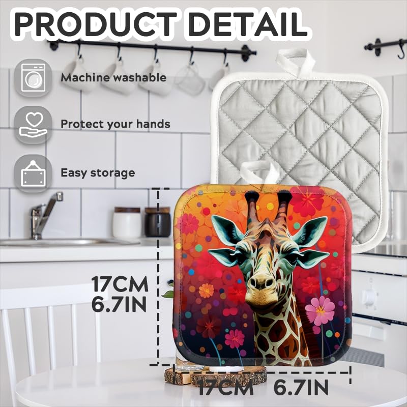 BaHomeck Pot Holder for Kitchen 4pcs,Cute Giraffe in The Style of Colorful Square Heat Resistant Hotpads Non Slip Dirt-Proof Kitchen Cook Oven Potholders Machine Washable,7x7in