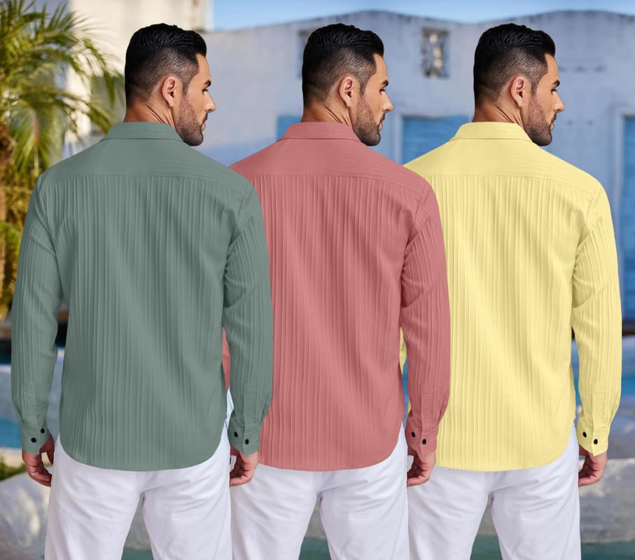 Image of FINIVO FASHION Combo of Men's Casual Cotton Plain Button Down Shirt Long Sleeve Textured Summer Beach Shirt for Men Pack of 3